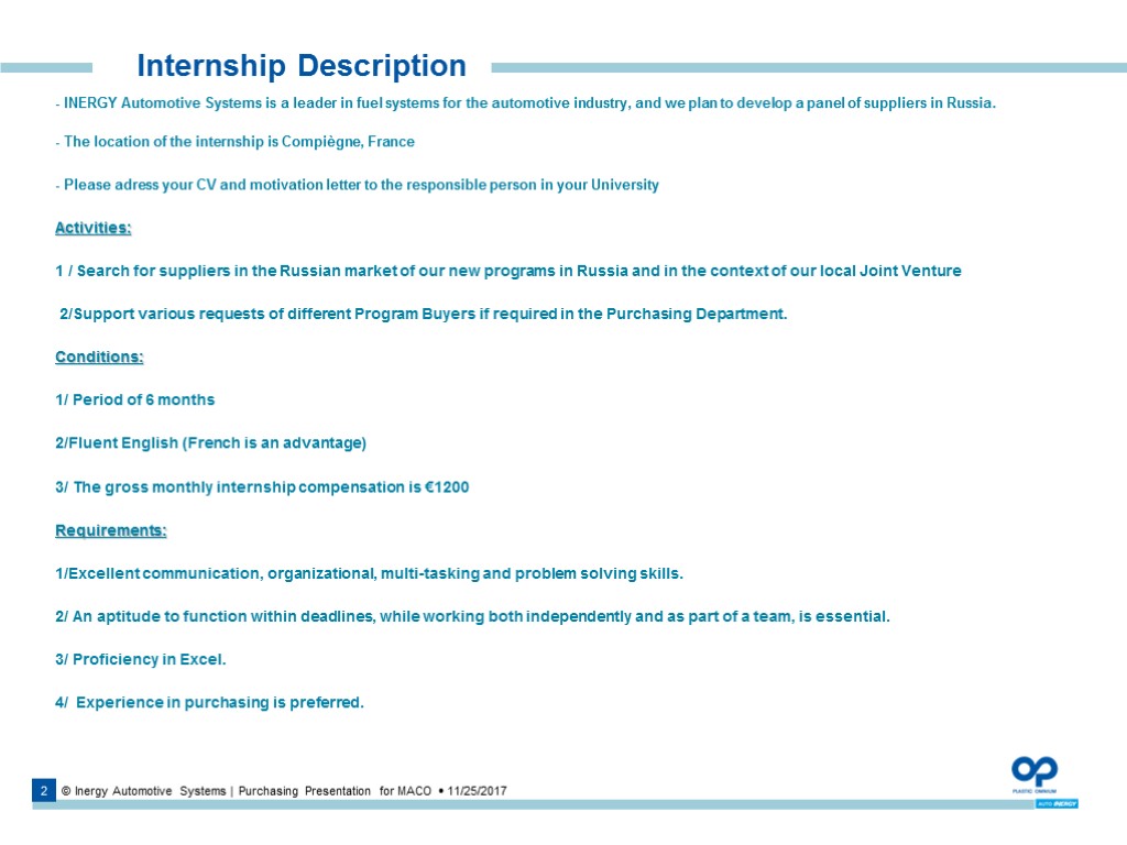 2 © Inergy Automotive Systems | Purchasing Presentation for MACO  11/25/2017 Internship Description